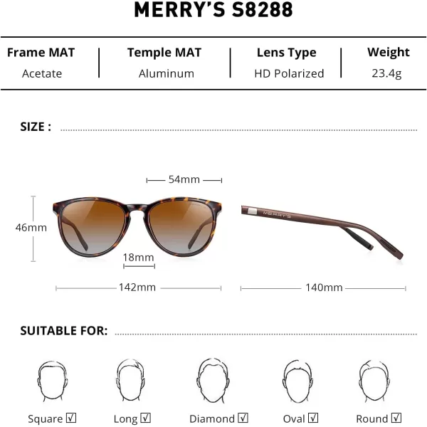 MERRYS Polarized Sunglasses for Women Men Vintage Retro Classic Round Frame Aluminum Legs S8288Leopard FrameBrown Gradient LensBrown Temples