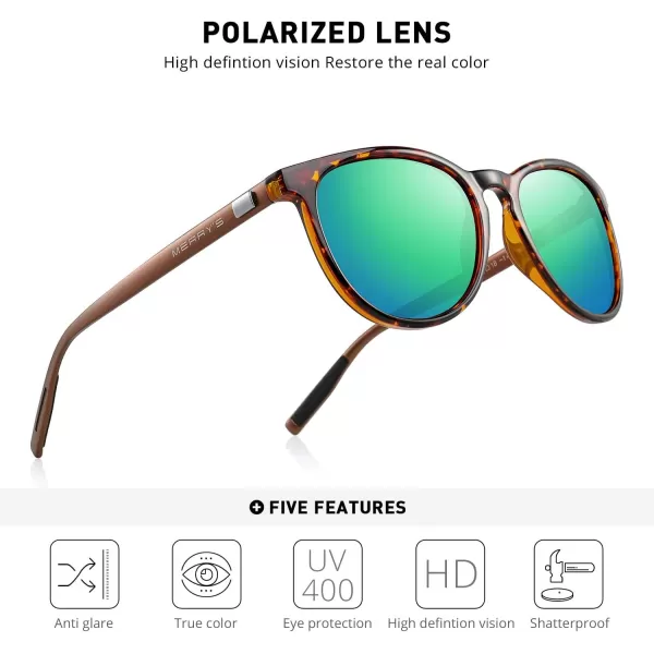 MERRYS Polarized Sunglasses for Women Men Vintage Retro Classic Round Frame Aluminum Legs S8288Leopard FrameGreen Mirror LensBrown Temples
