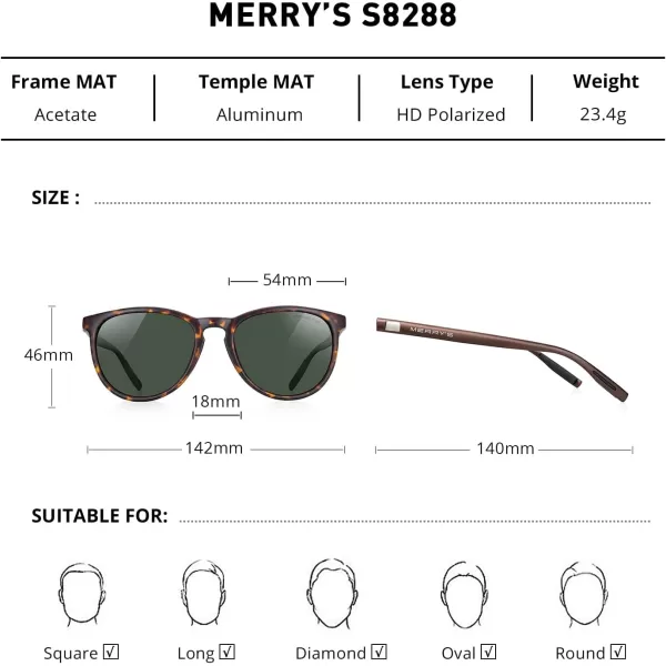MERRYS Polarized Sunglasses for Women Men Vintage Retro Classic Round Frame Aluminum Legs S8288Matte Leopard FrameG15 LensBrown Temples