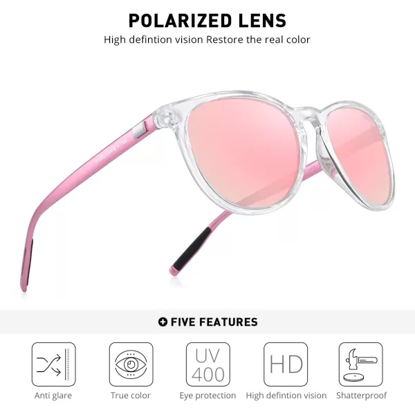 MERRYS Polarized Sunglasses for Women Men Vintage Retro Classic Round Frame Aluminum Legs S8288Transparent FramePink Mirror LensPink Temples