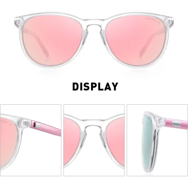 MERRYS Polarized Sunglasses for Women Men Vintage Retro Classic Round Frame Aluminum Legs S8288Transparent FramePink Mirror LensPink Temples