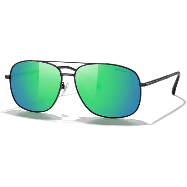 MERRYS Rectangular Polarized Sunglasses for Men Classic Driving Shades UV400 ProtectionBlack FrameGreen Mirror Lens