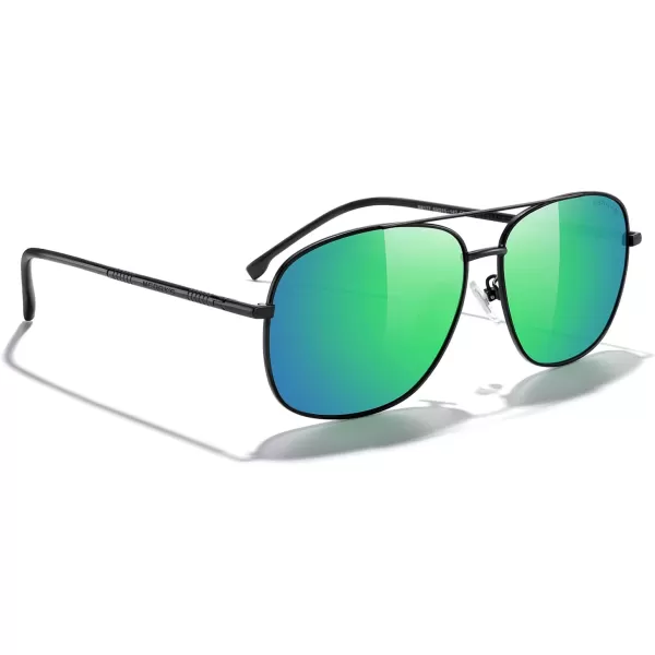 MERRYS Rectangular Polarized Sunglasses for Men Classic Driving Shades UV400 ProtectionBlack FrameGreen Mirror Lens