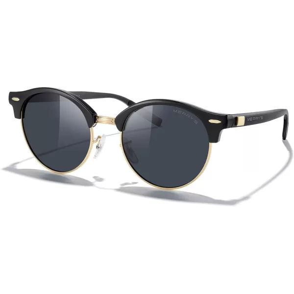 MERRYS Round Polarized Sunglasses for Women Men Classic Retro Half Frame Aluminum TemplesBlack FrameGold BridgeBlack Lens