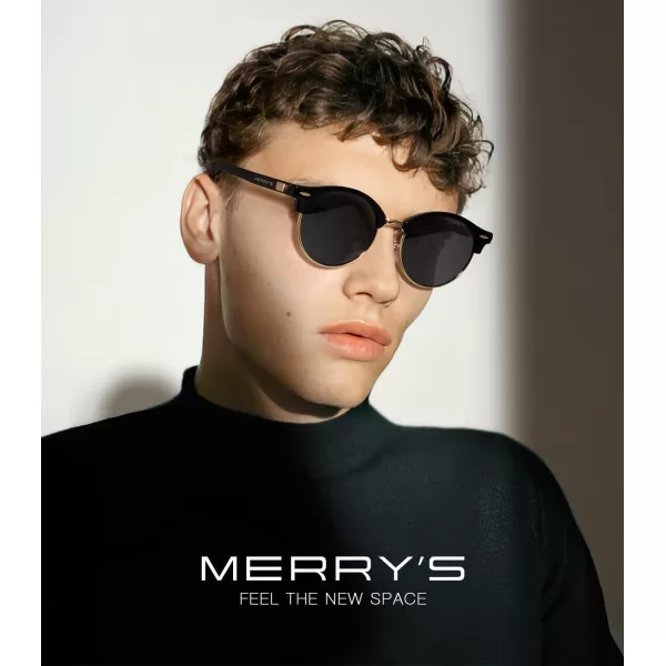 MERRYS Round Polarized Sunglasses for Women Men Classic Retro Half Frame Aluminum TemplesBlack FrameGold BridgeBlack Lens