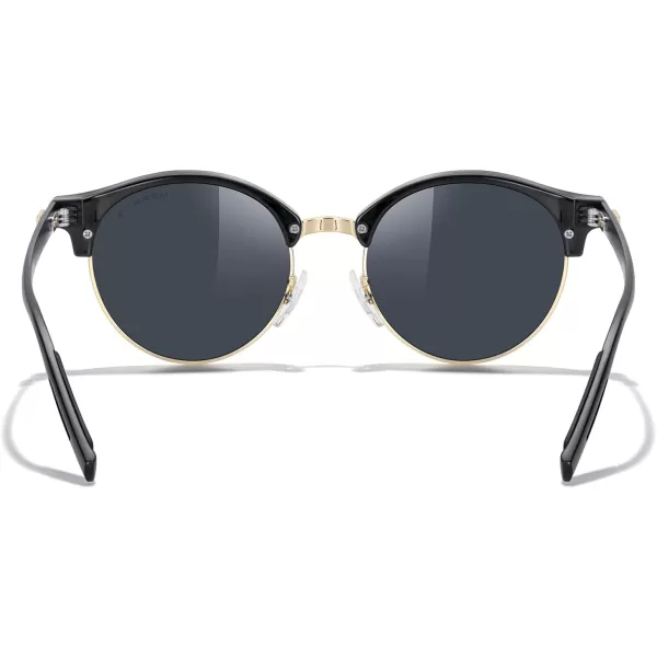 MERRYS Round Polarized Sunglasses for Women Men Classic Retro Half Frame Aluminum TemplesBlack FrameGold BridgeBlack Lens