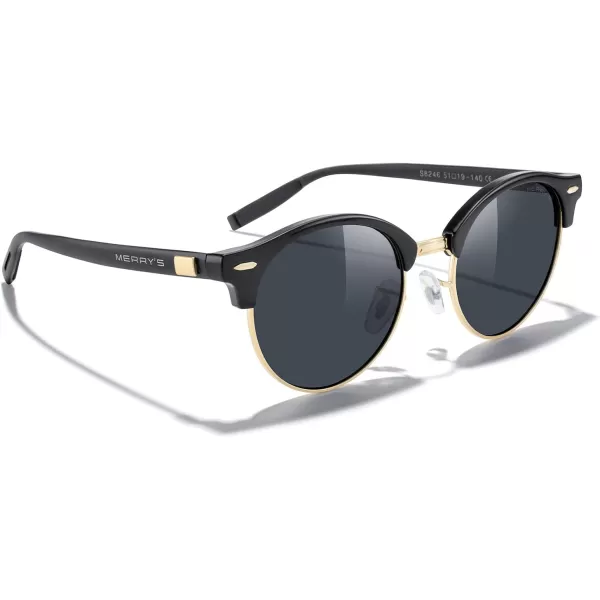 MERRYS Round Polarized Sunglasses for Women Men Classic Retro Half Frame Aluminum TemplesBlack FrameGold BridgeBlack Lens
