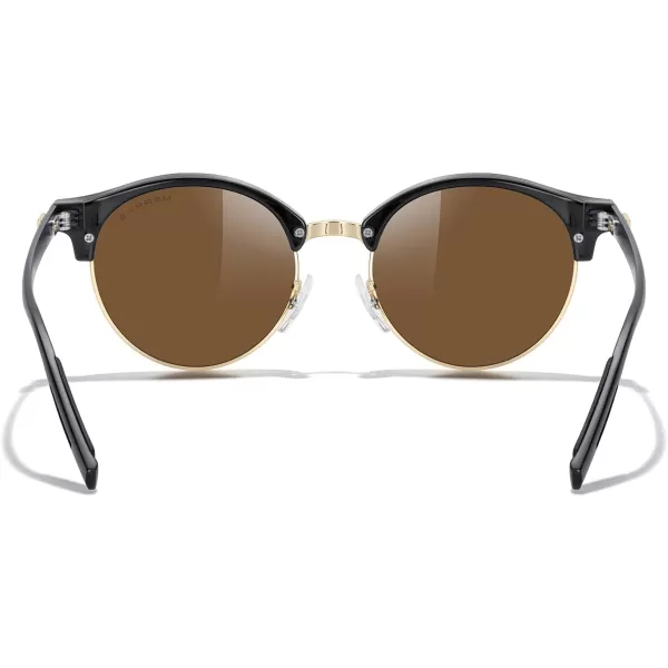 MERRYS Round Polarized Sunglasses for Women Men Classic Retro Half Frame Aluminum TemplesBlack FrameGold BridgeBrown Lens