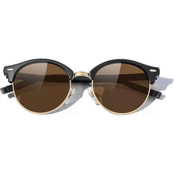 MERRYS Round Polarized Sunglasses for Women Men Classic Retro Half Frame Aluminum TemplesBlack FrameGold BridgeBrown Lens