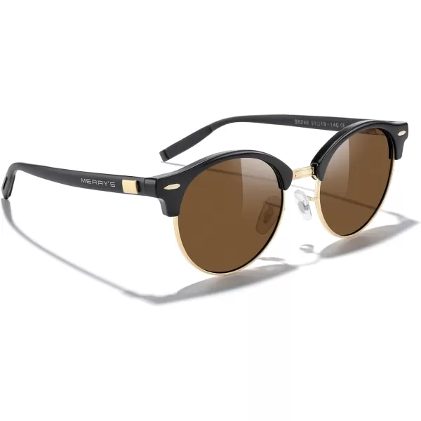 MERRYS Round Polarized Sunglasses for Women Men Classic Retro Half Frame Aluminum TemplesBlack FrameGold BridgeBrown Lens