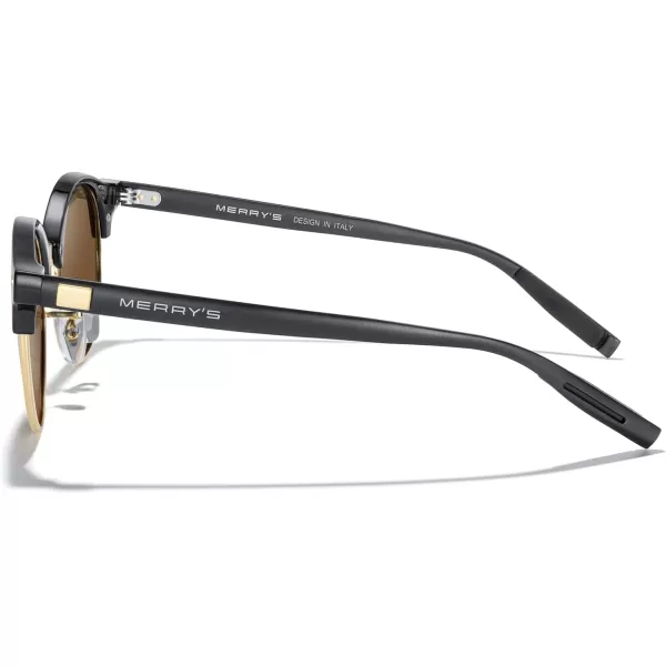 MERRYS Round Polarized Sunglasses for Women Men Classic Retro Half Frame Aluminum TemplesBlack FrameGold BridgeBrown Lens