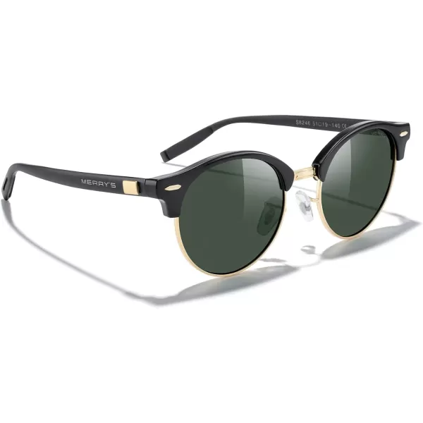 MERRYS Round Polarized Sunglasses for Women Men Classic Retro Half Frame Aluminum TemplesBlack FrameGold BridgeG15 Lens