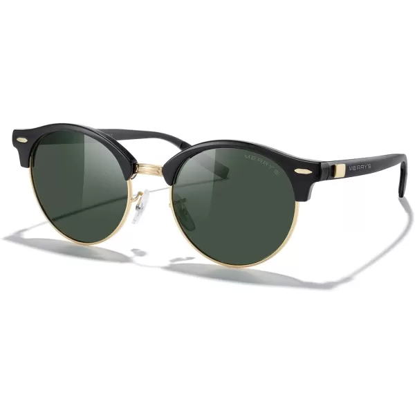 MERRYS Round Polarized Sunglasses for Women Men Classic Retro Half Frame Aluminum TemplesBlack FrameGold BridgeG15 Lens