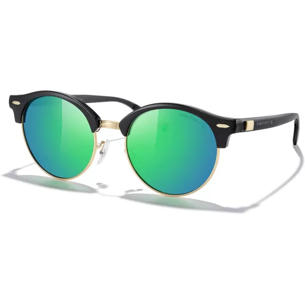 MERRYS Round Polarized Sunglasses for Women Men Classic Retro Half Frame Aluminum TemplesBlack FrameGold BridgeGreen Mirror Lens