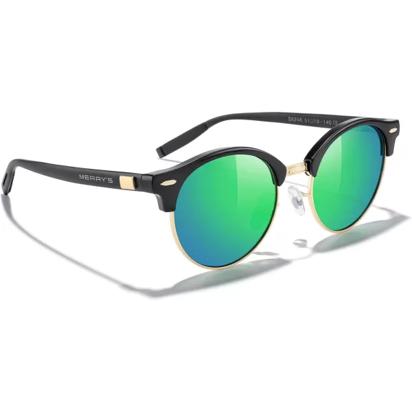 MERRYS Round Polarized Sunglasses for Women Men Classic Retro Half Frame Aluminum TemplesBlack FrameGold BridgeGreen Mirror Lens
