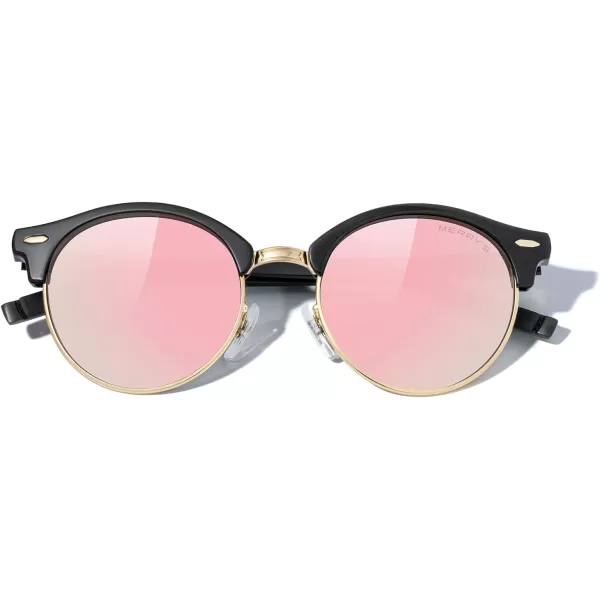 MERRYS Round Polarized Sunglasses for Women Men Classic Retro Half Frame Aluminum TemplesBlack FrameGold BridgePink Mirror Lens