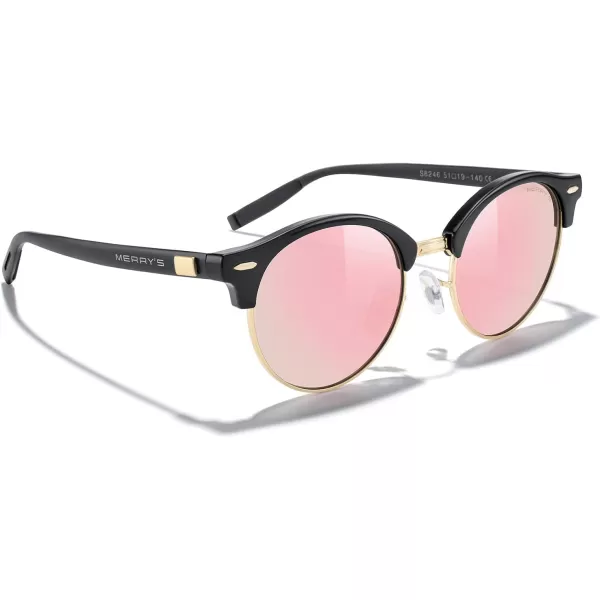 MERRYS Round Polarized Sunglasses for Women Men Classic Retro Half Frame Aluminum TemplesBlack FrameGold BridgePink Mirror Lens