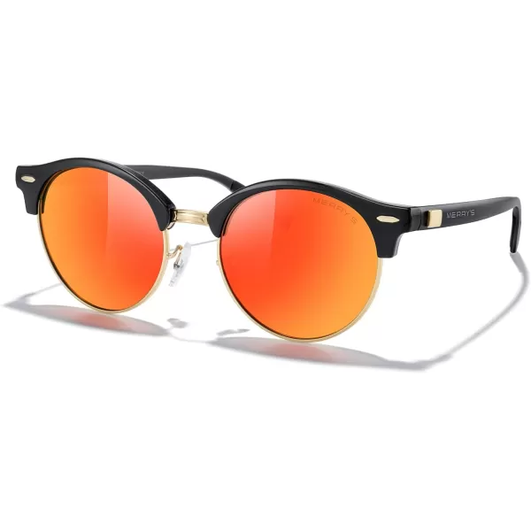 MERRYS Round Polarized Sunglasses for Women Men Classic Retro Half Frame Aluminum TemplesBlack FrameGold BridgeRed Mirror Lens