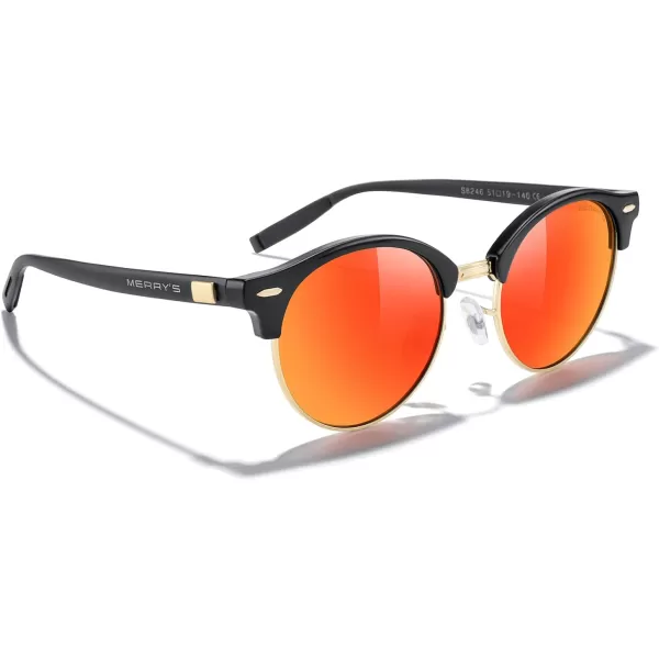MERRYS Round Polarized Sunglasses for Women Men Classic Retro Half Frame Aluminum TemplesBlack FrameGold BridgeRed Mirror Lens