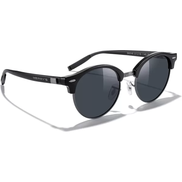 MERRYS Round Polarized Sunglasses for Women Men Classic Retro Half Frame Aluminum TemplesBlack FrameGray BridgeBlack Lens
