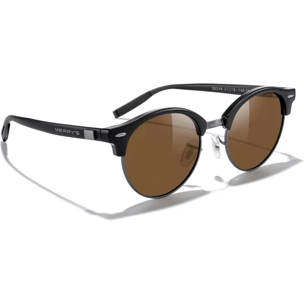 MERRYS Round Polarized Sunglasses for Women Men Classic Retro Half Frame Aluminum TemplesBlack FrameGray BridgeBrown Lens