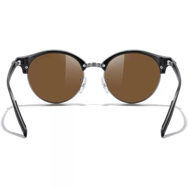 MERRYS Round Polarized Sunglasses for Women Men Classic Retro Half Frame Aluminum TemplesBlack FrameGray BridgeBrown Lens