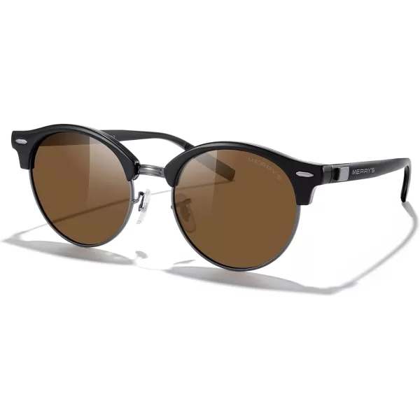 MERRYS Round Polarized Sunglasses for Women Men Classic Retro Half Frame Aluminum TemplesBlack FrameGray BridgeBrown Lens