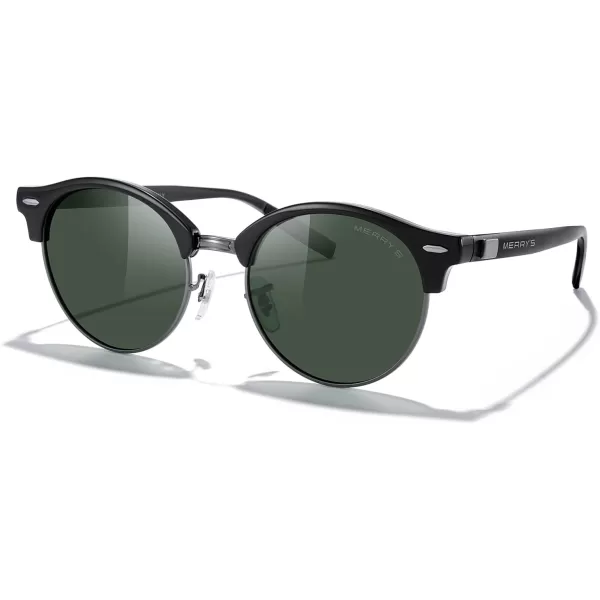 MERRYS Round Polarized Sunglasses for Women Men Classic Retro Half Frame Aluminum TemplesBlack FrameGray BridgeG15 Lens