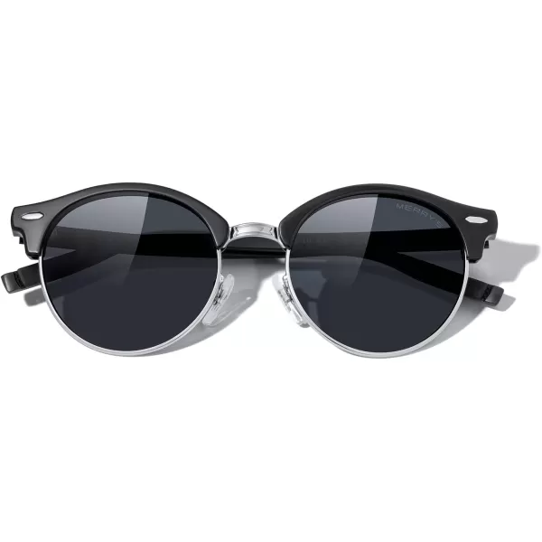 MERRYS Round Polarized Sunglasses for Women Men Classic Retro Half Frame Aluminum TemplesBlack FrameSilver BridgeBlack Lens