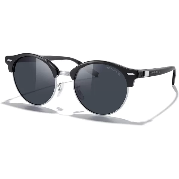 MERRYS Round Polarized Sunglasses for Women Men Classic Retro Half Frame Aluminum TemplesBlack FrameSilver BridgeBlack Lens