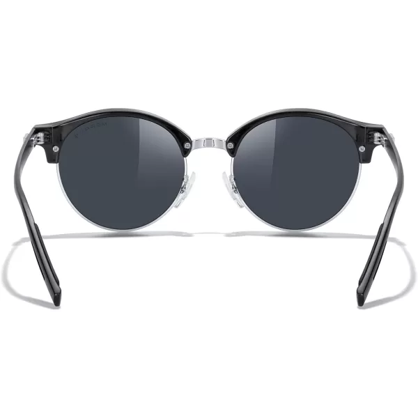 MERRYS Round Polarized Sunglasses for Women Men Classic Retro Half Frame Aluminum TemplesBlack FrameSilver BridgeBlack Lens