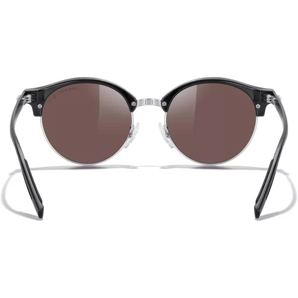 MERRYS Round Polarized Sunglasses for Women Men Classic Retro Half Frame Aluminum TemplesBlack FrameSilver BridgeBlue Mirror Lens