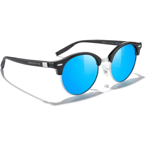 MERRYS Round Polarized Sunglasses for Women Men Classic Retro Half Frame Aluminum TemplesBlack FrameSilver BridgeBlue Mirror Lens