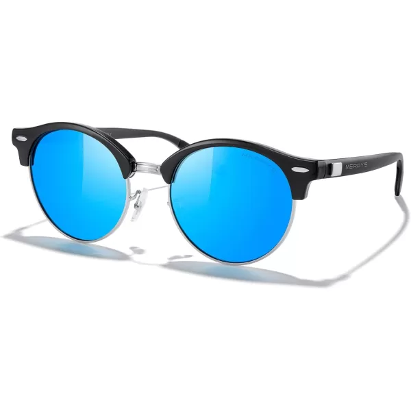MERRYS Round Polarized Sunglasses for Women Men Classic Retro Half Frame Aluminum TemplesBlack FrameSilver BridgeBlue Mirror Lens