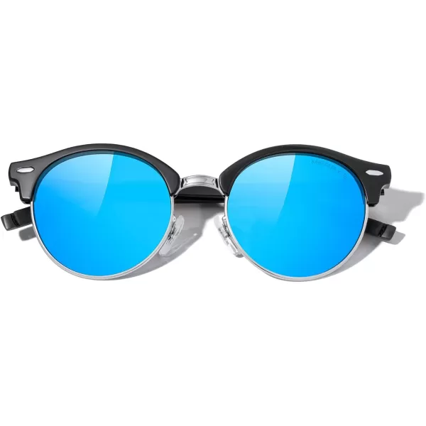 MERRYS Round Polarized Sunglasses for Women Men Classic Retro Half Frame Aluminum TemplesBlack FrameSilver BridgeBlue Mirror Lens