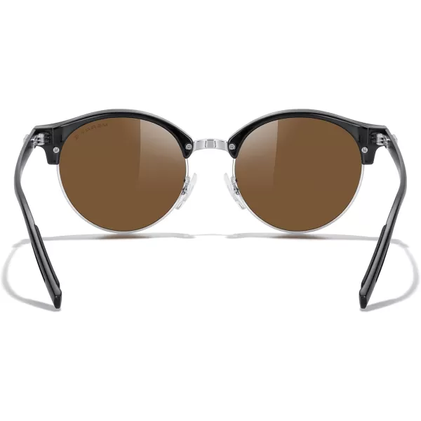 MERRYS Round Polarized Sunglasses for Women Men Classic Retro Half Frame Aluminum TemplesBlack FrameSilver BridgeBrown Lens
