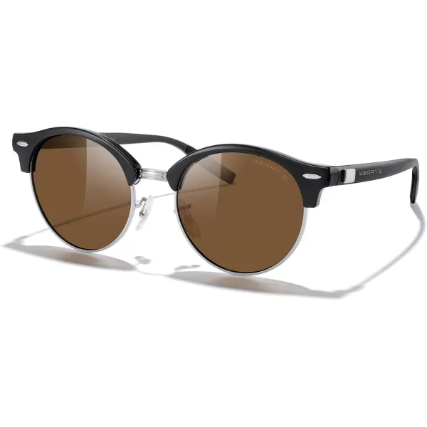 MERRYS Round Polarized Sunglasses for Women Men Classic Retro Half Frame Aluminum TemplesBlack FrameSilver BridgeBrown Lens