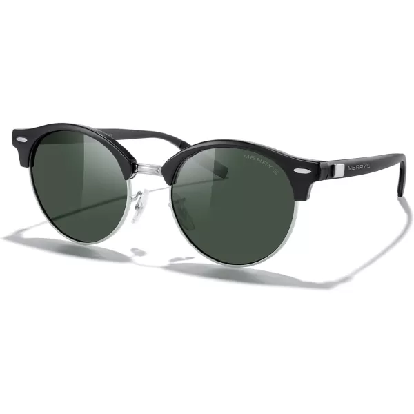 MERRYS Round Polarized Sunglasses for Women Men Classic Retro Half Frame Aluminum TemplesBlack FrameSilver BridgeG15 Lens