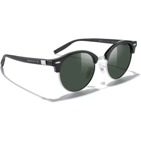 MERRYS Round Polarized Sunglasses for Women Men Classic Retro Half Frame Aluminum TemplesBlack FrameSilver BridgeG15 Lens