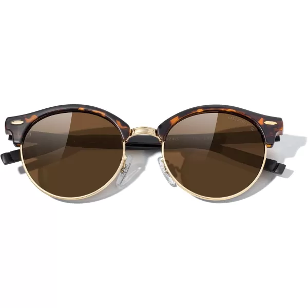 MERRYS Round Polarized Sunglasses for Women Men Classic Retro Half Frame Aluminum TemplesLeopard FrameGold BridgeBrown Lens