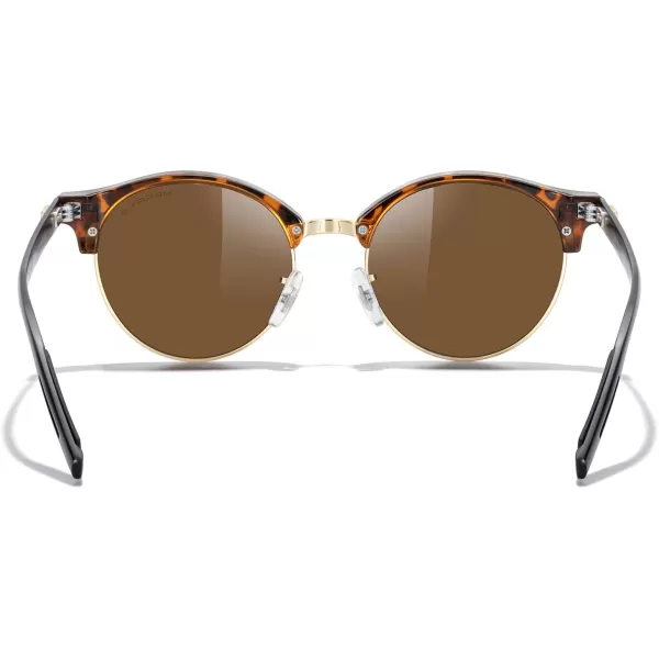 MERRYS Round Polarized Sunglasses for Women Men Classic Retro Half Frame Aluminum TemplesLeopard FrameGold BridgeBrown Lens