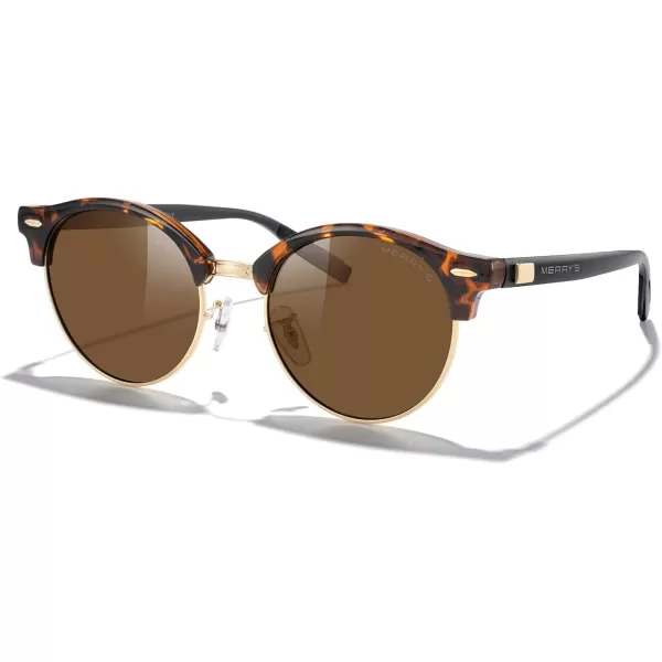 MERRYS Round Polarized Sunglasses for Women Men Classic Retro Half Frame Aluminum TemplesLeopard FrameGold BridgeBrown Lens