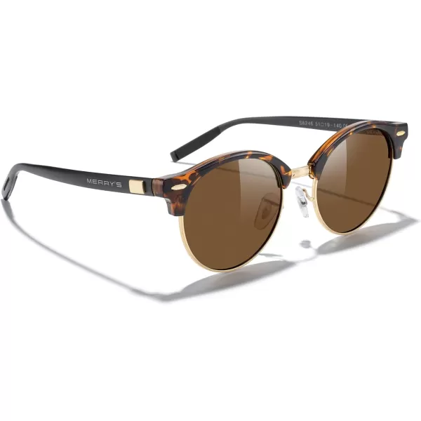 MERRYS Round Polarized Sunglasses for Women Men Classic Retro Half Frame Aluminum TemplesLeopard FrameGold BridgeBrown Lens