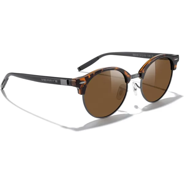 MERRYS Round Polarized Sunglasses for Women Men Classic Retro Half Frame Aluminum TemplesLeopard FrameGray BridgeBrown Lens