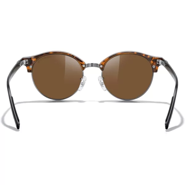 MERRYS Round Polarized Sunglasses for Women Men Classic Retro Half Frame Aluminum TemplesLeopard FrameGray BridgeBrown Lens