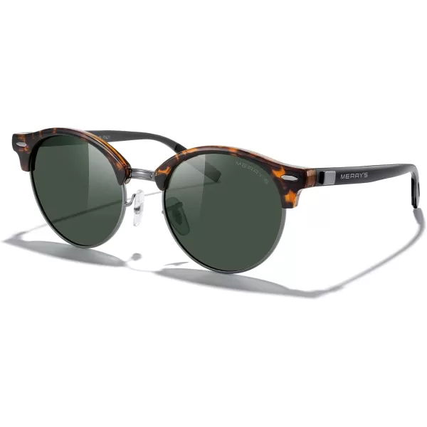 MERRYS Round Polarized Sunglasses for Women Men Classic Retro Half Frame Aluminum TemplesLeopard FrameGray BridgeG15 Lens