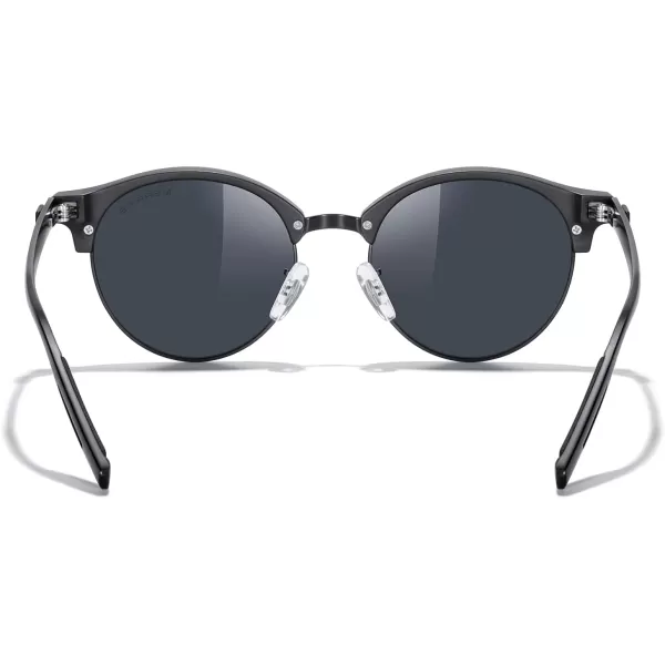MERRYS Round Polarized Sunglasses for Women Men Classic Retro Half Frame Aluminum TemplesMatte Black FrameMatte Black BridgeBlack Lens