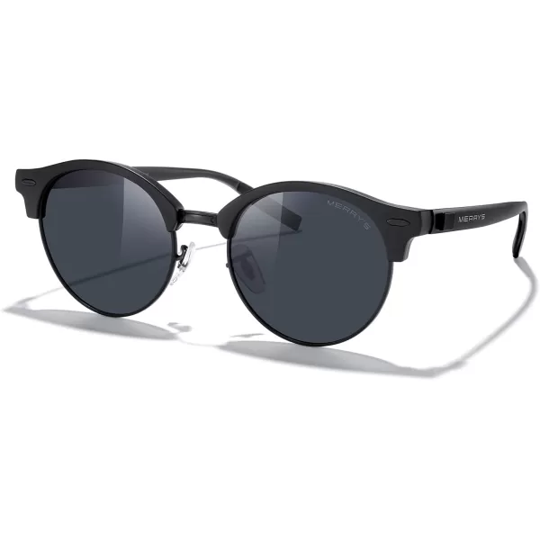 MERRYS Round Polarized Sunglasses for Women Men Classic Retro Half Frame Aluminum TemplesMatte Black FrameMatte Black BridgeBlack Lens