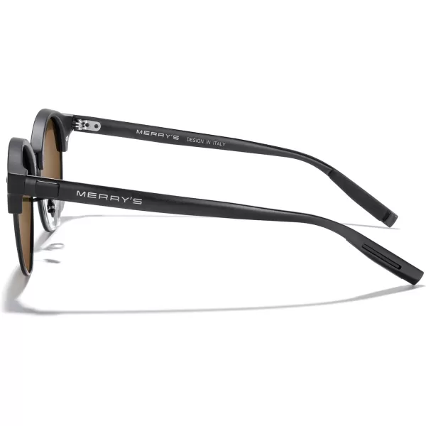 MERRYS Round Polarized Sunglasses for Women Men Classic Retro Half Frame Aluminum TemplesMatte Black FrameMatte Black BridgeBrown Lens