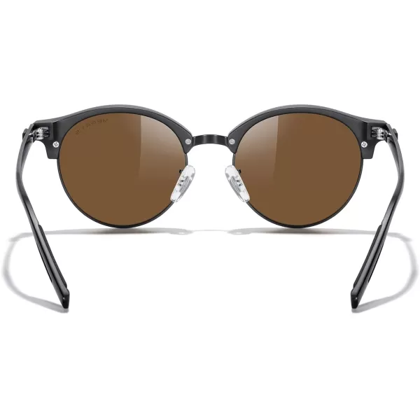 MERRYS Round Polarized Sunglasses for Women Men Classic Retro Half Frame Aluminum TemplesMatte Black FrameMatte Black BridgeBrown Lens